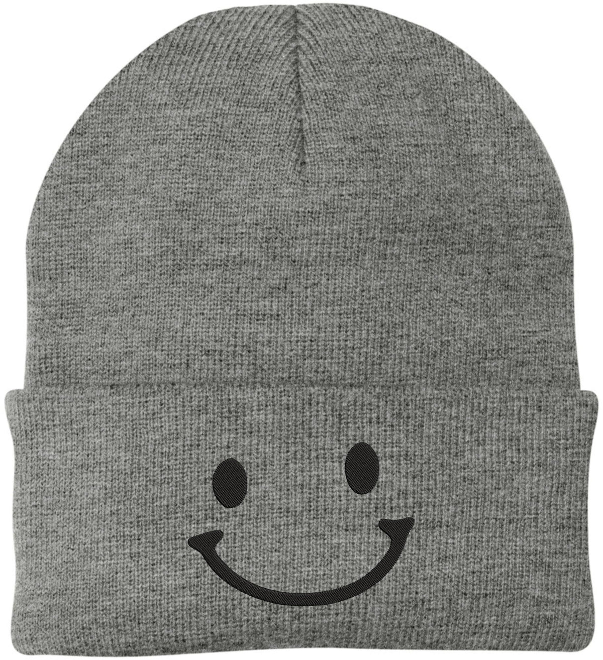 Smiley Face Outline Embroidered Beanie | Cute Knit Winter Hat | Unisex Warm Cuff Skull Cap for Men & Women