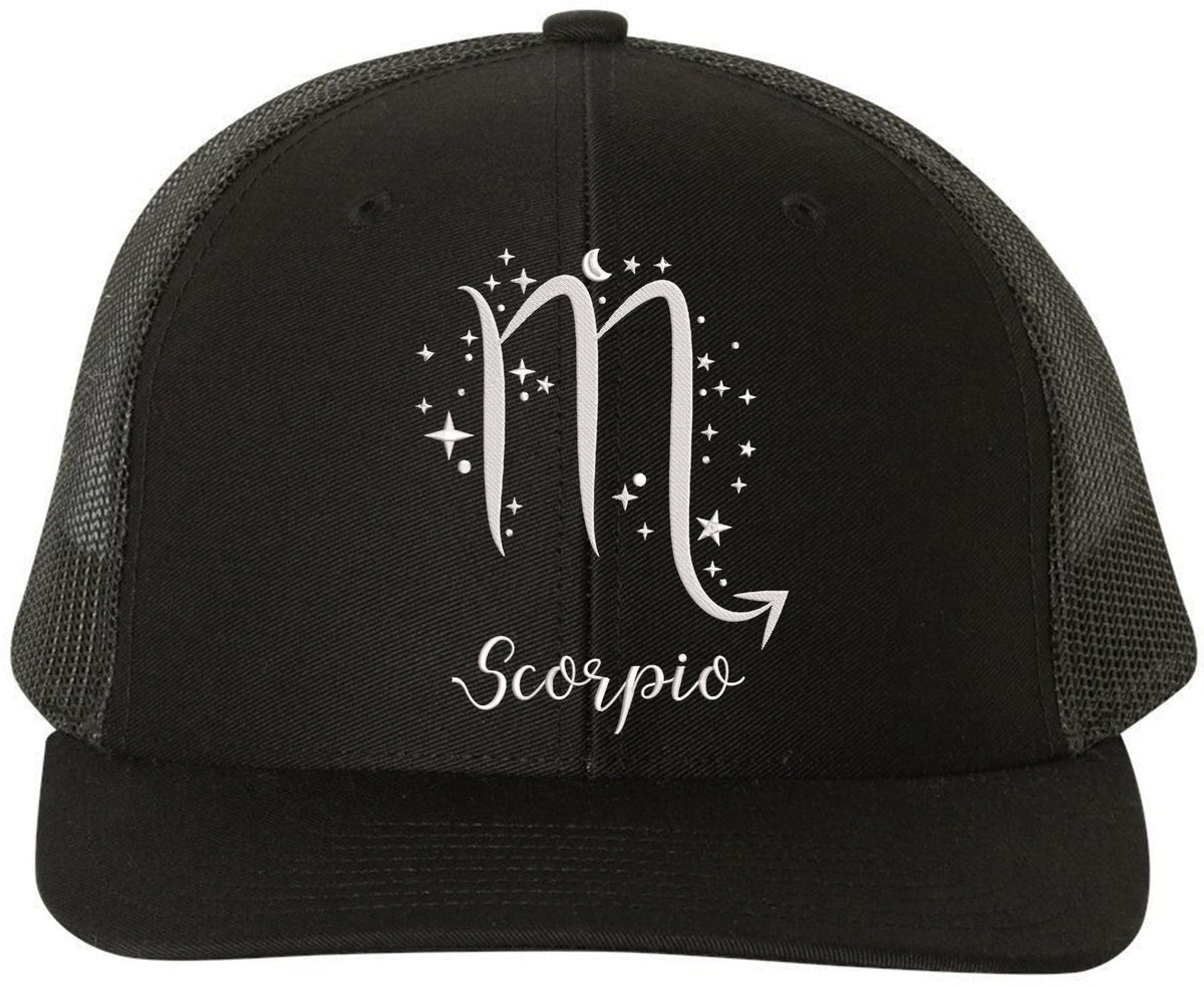 Zodiac Signs Embroidered Trucker Hat | Adjustable Snapback Astrology Horoscope Monthly Symbols Designs Mesh Cap, Black