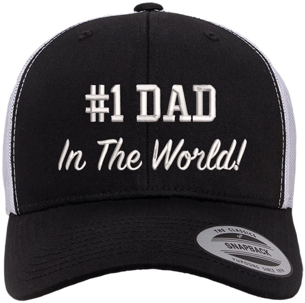 Number 1 Dad in The World Embroidered Trucker Hat | Adjustable Mesh Back Polycotton Father's Day Baseball Cap