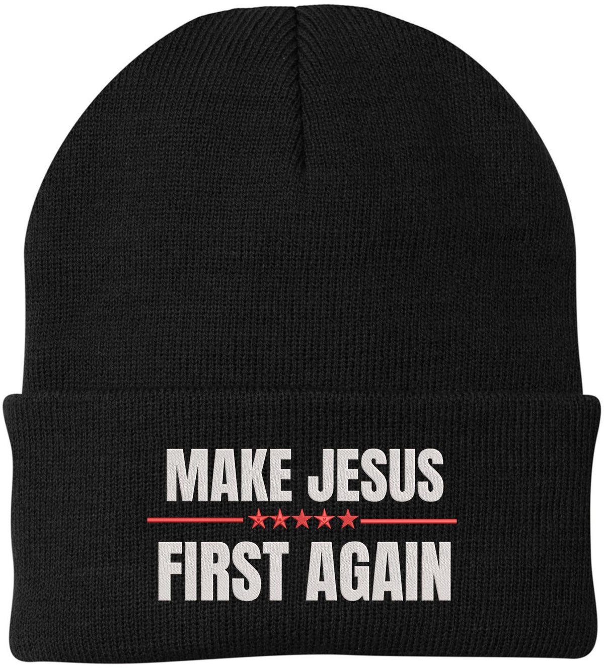 Make Jesus First Again Embroidered Beanie | MAGA Style Warm Knit Winter Skull Cap Religious Christian Hat