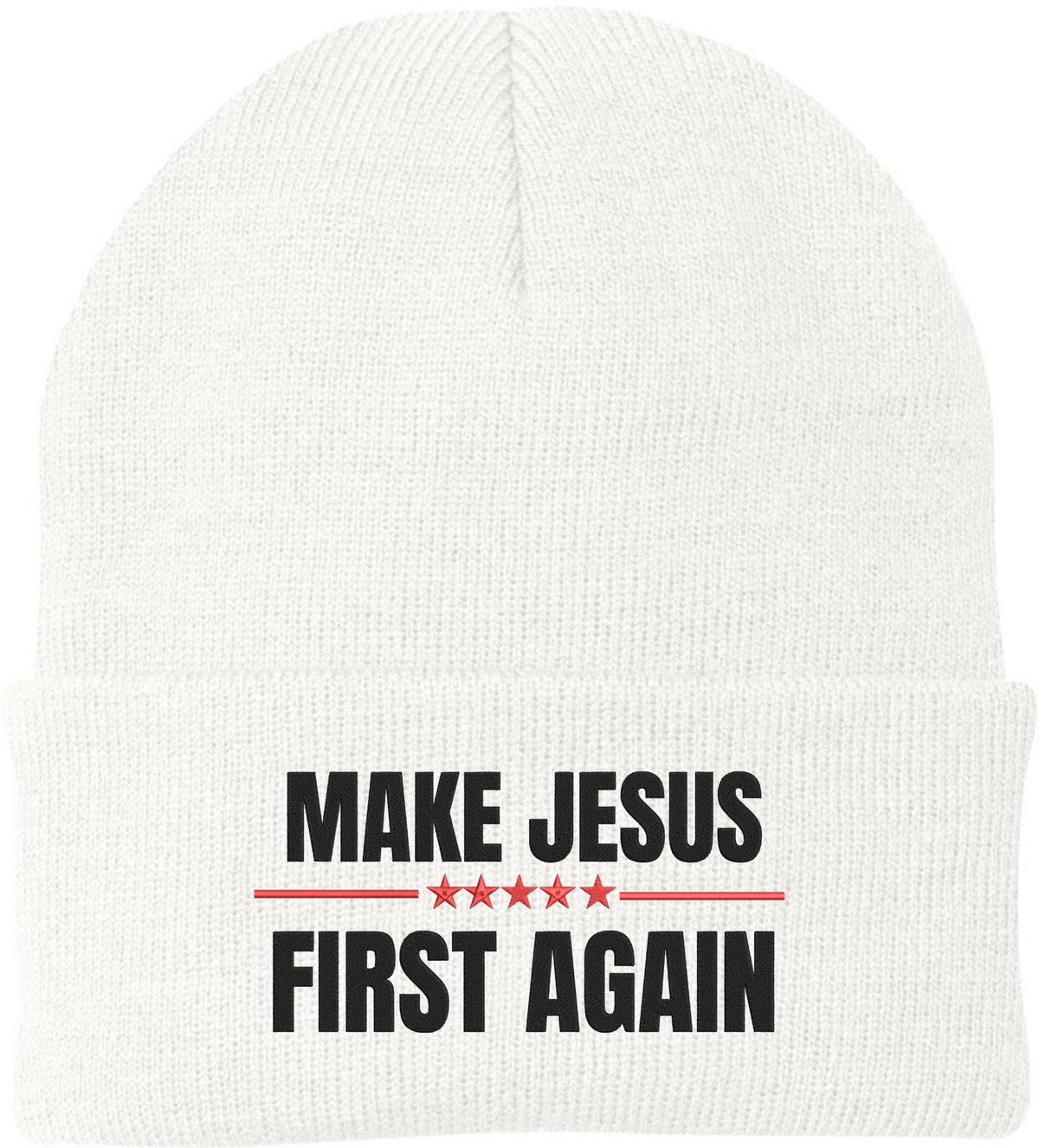 Make Jesus First Again Embroidered Beanie | MAGA Style Warm Knit Winter Skull Cap Religious Christian Hat