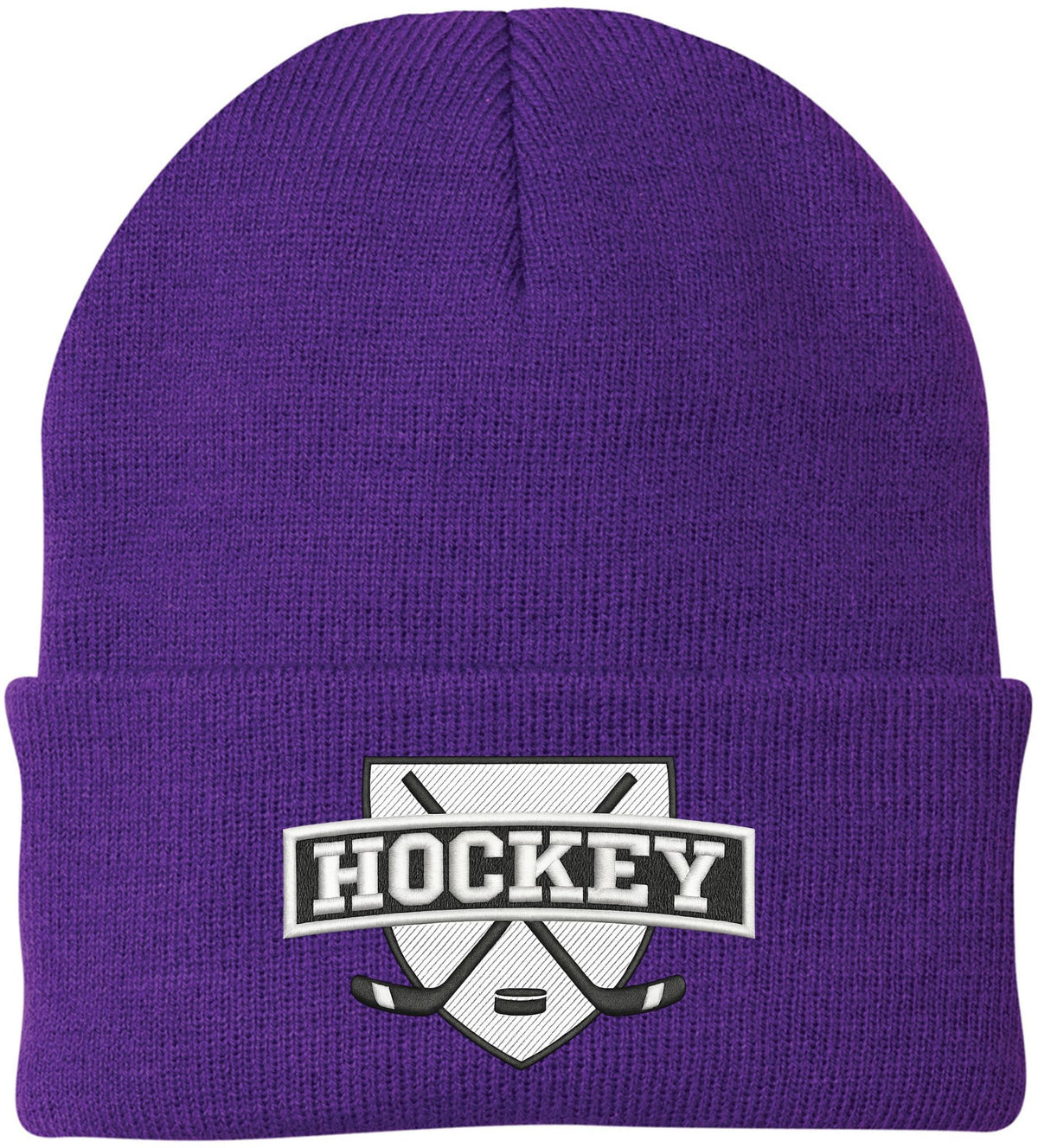 Hockey Embroidered Beanie | Winter Knit Skull Cap with Hockey Graphic | Warm Cuffed Hat for Men & Women