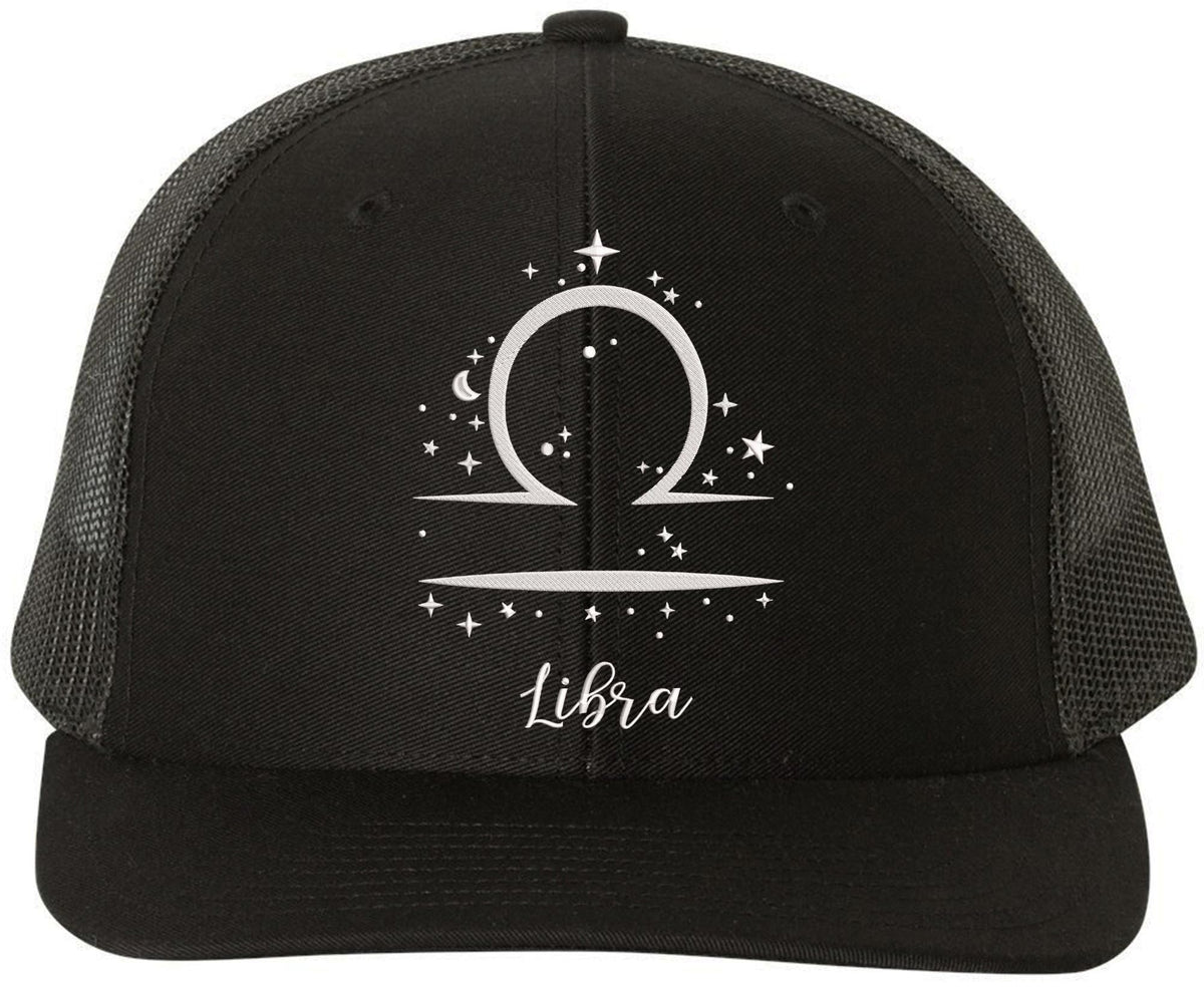 Zodiac Signs Embroidered Trucker Hat | Adjustable Snapback Astrology Horoscope Monthly Symbols Designs Mesh Cap, Black