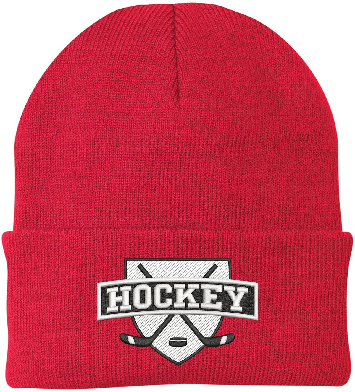 Hockey Embroidered Beanie | Winter Knit Skull Cap with Hockey Graphic | Warm Cuffed Hat for Men & Women