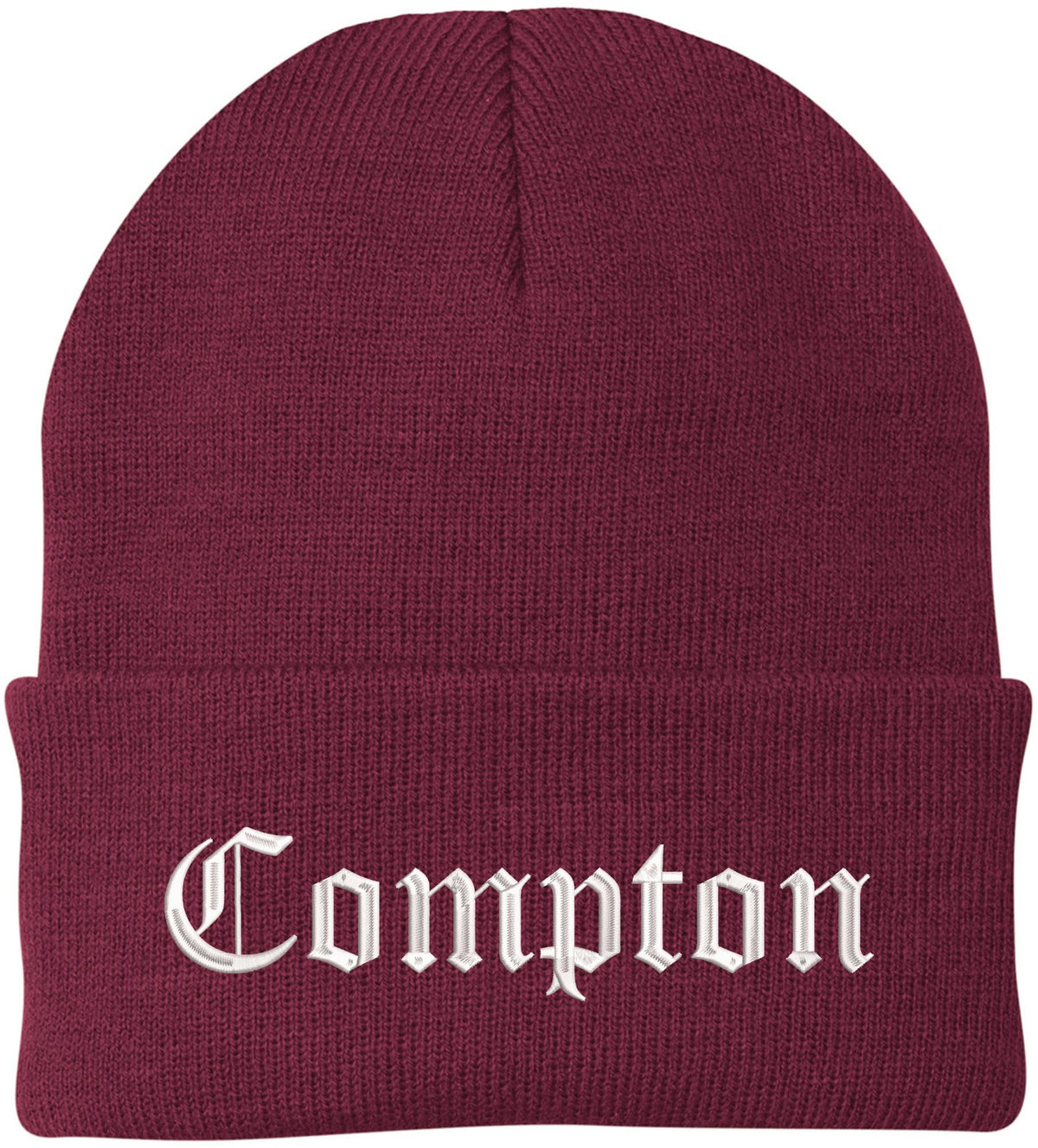 Compton Embroidered Beanie Knit Watch Skull Cap with Old English Letters | Warm Winter Hat