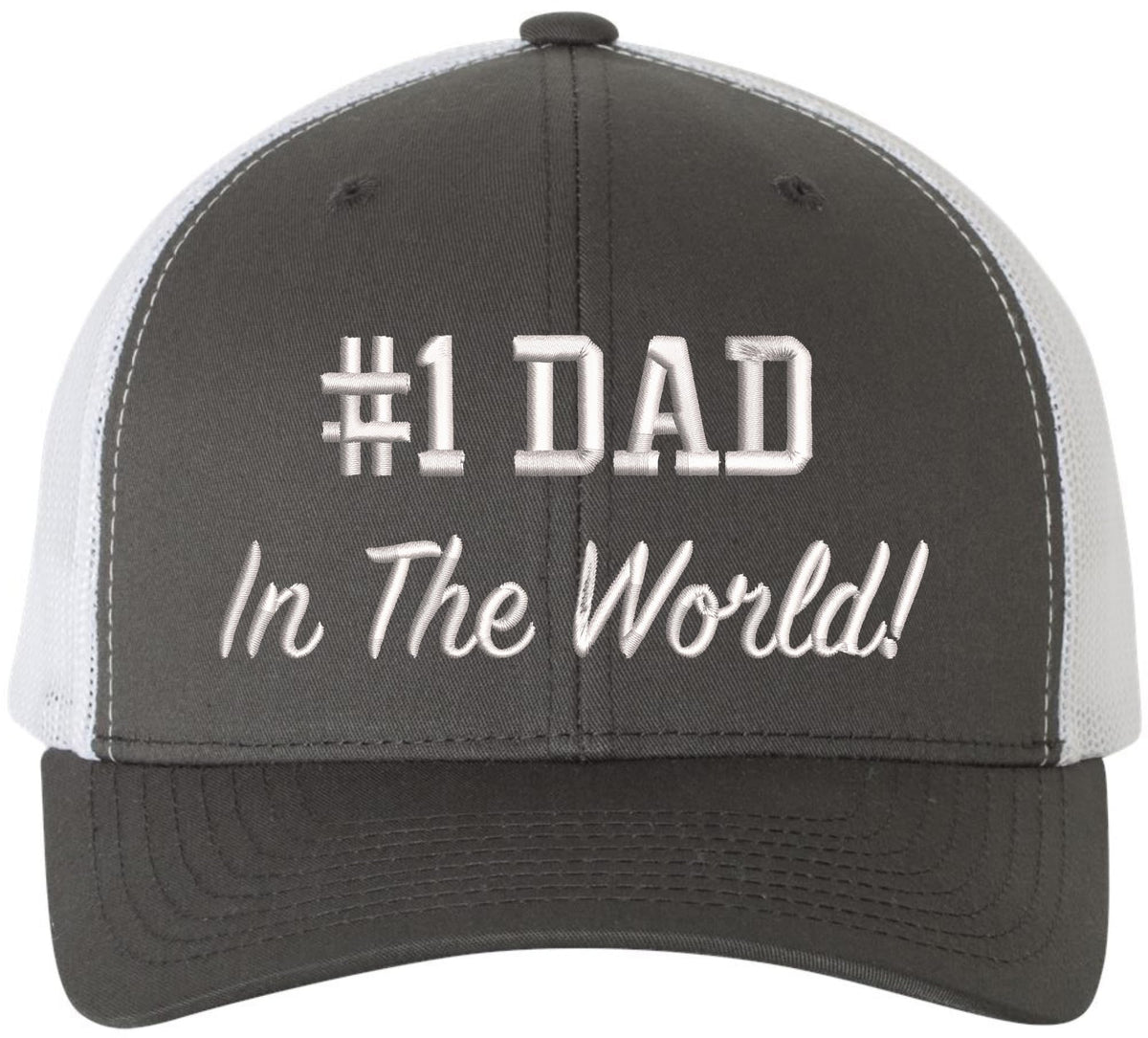 Number 1 Dad in The World Embroidered Trucker Hat | Adjustable Mesh Back Polycotton Father's Day Baseball Cap