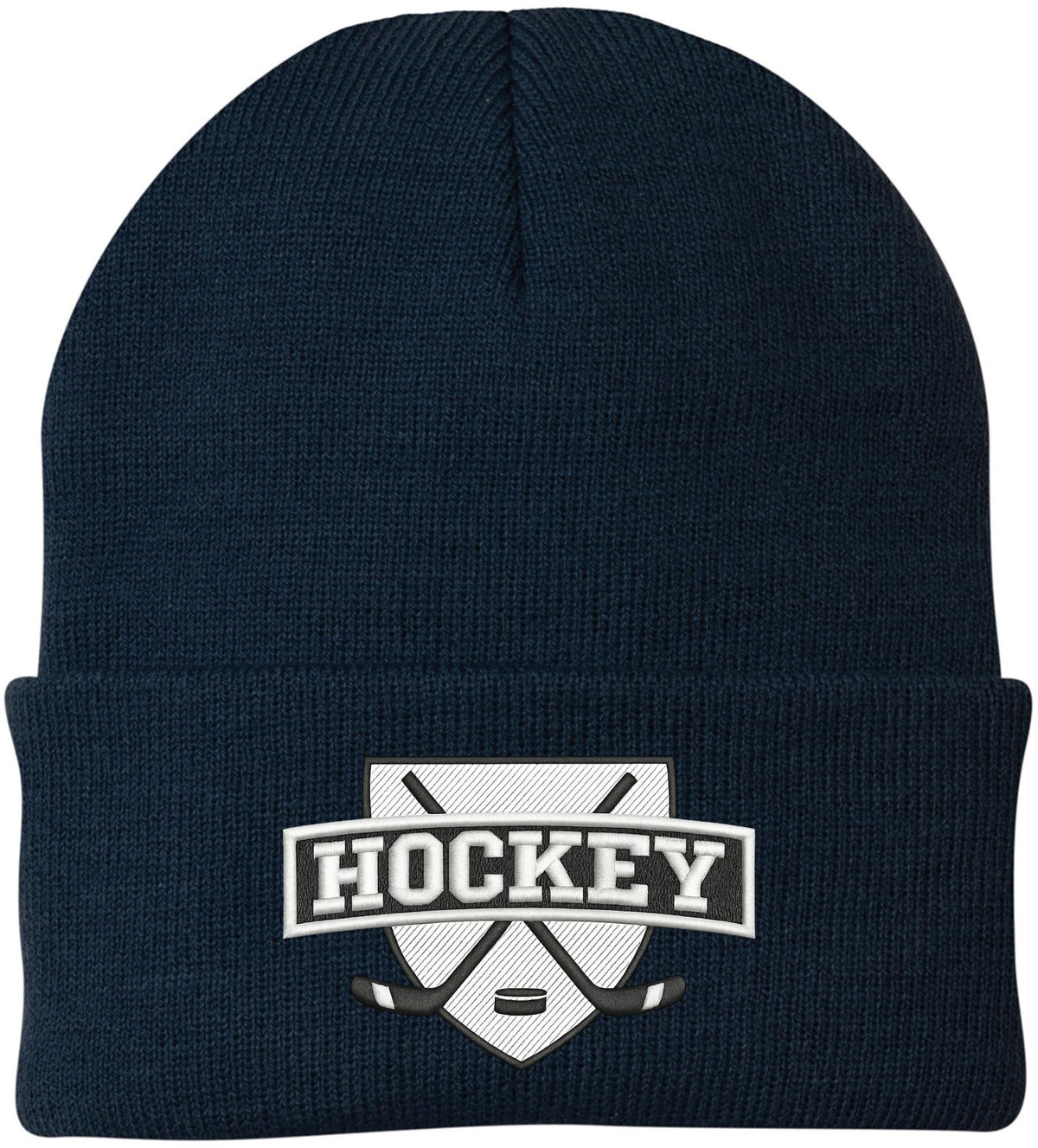 Hockey Embroidered Beanie | Winter Knit Skull Cap with Hockey Graphic | Warm Cuffed Hat for Men & Women