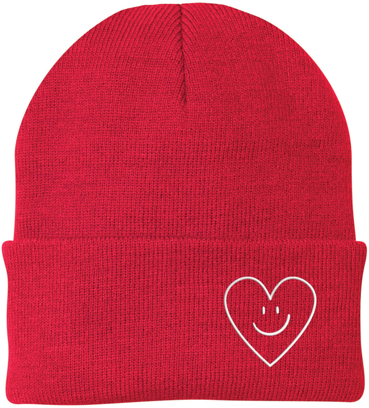 Heart Smiley Face Love Embroidered Beanie - Acrylic Knit Skull Cap