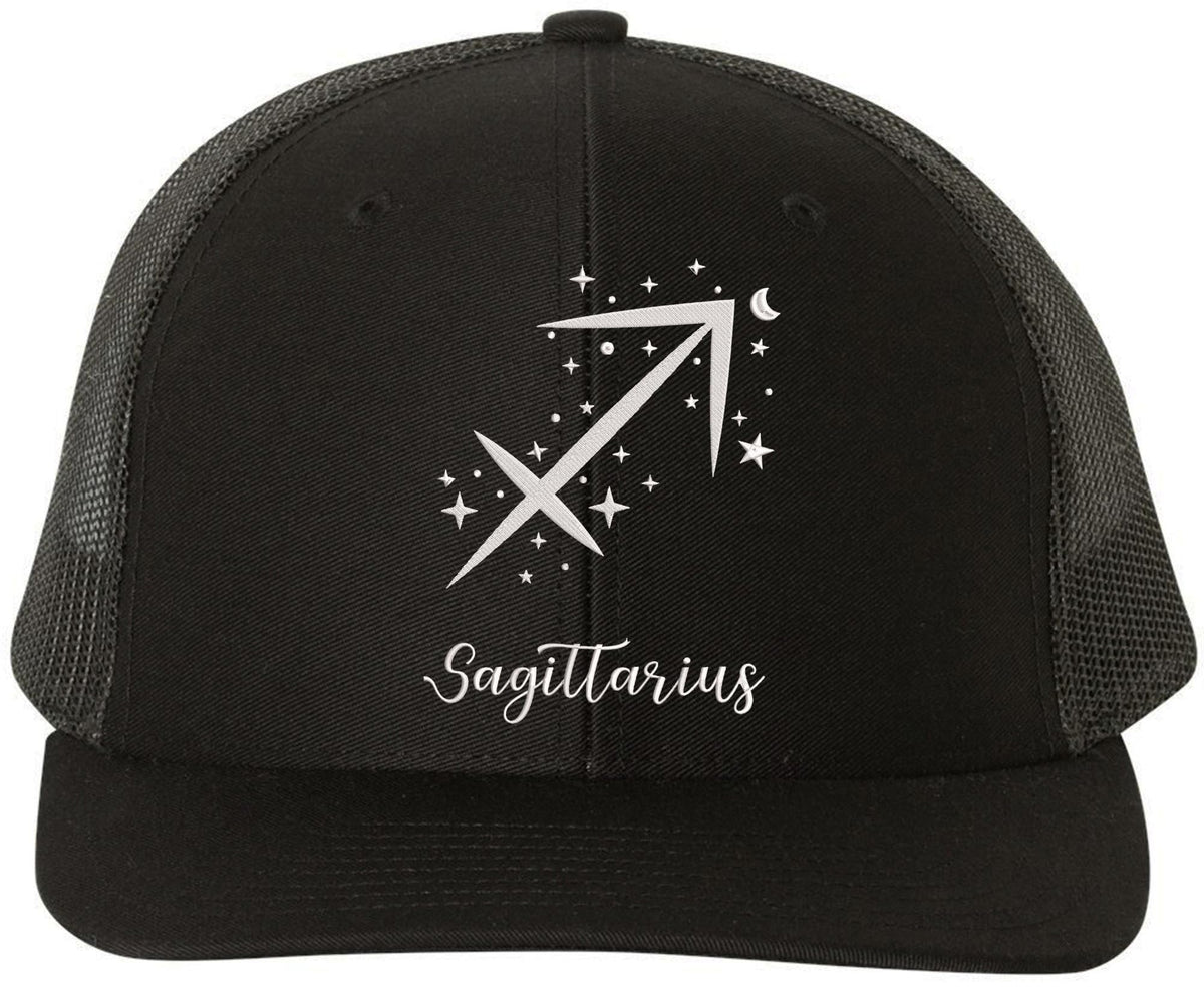 Zodiac Signs Embroidered Trucker Hat | Adjustable Snapback Astrology Horoscope Monthly Symbols Designs Mesh Cap, Black