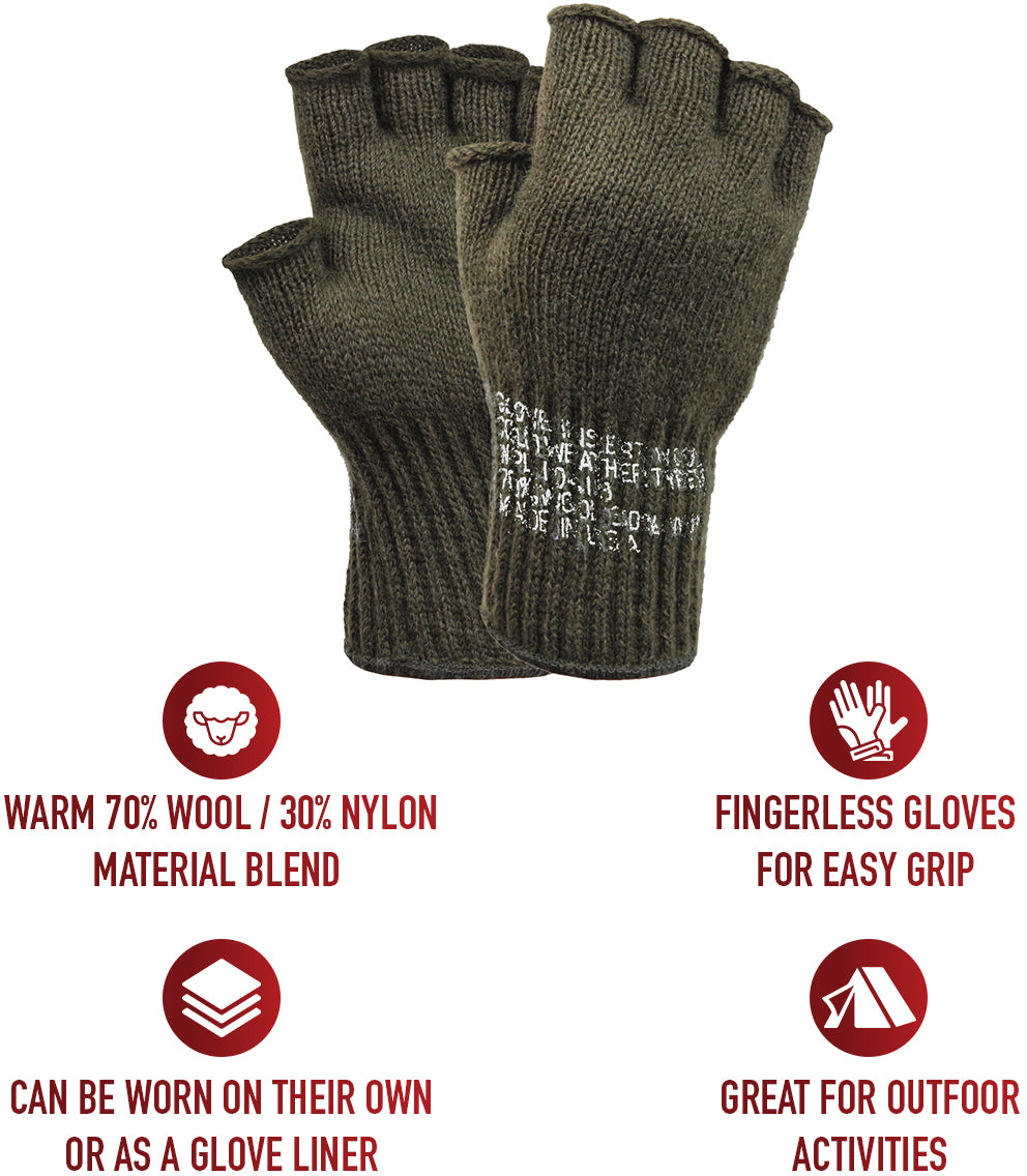 Olive Drab - Genuine GI Fingerless Gloves - Wool Nylon USA Made
