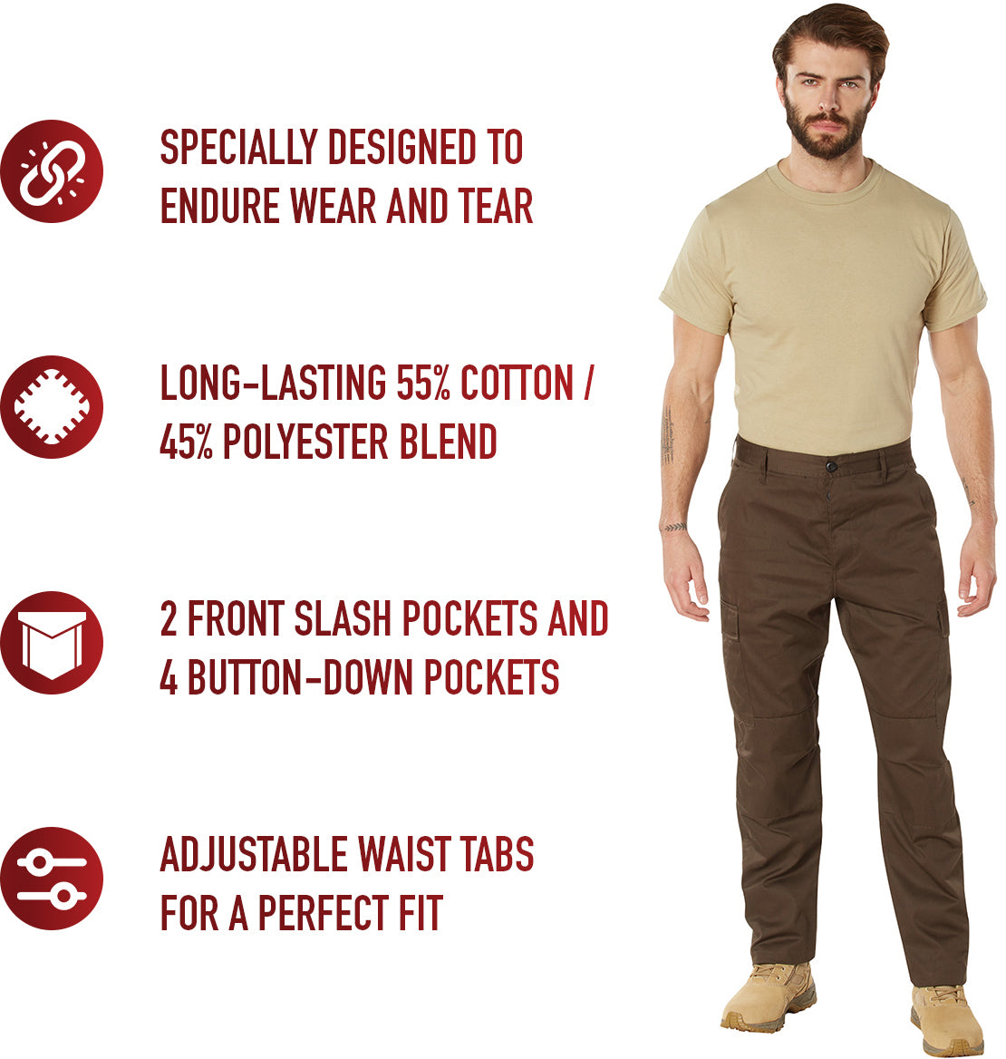 Brown - Tactical BDU Pants Cargo Fatigues - Poly/Cotton Twill - Button Fly