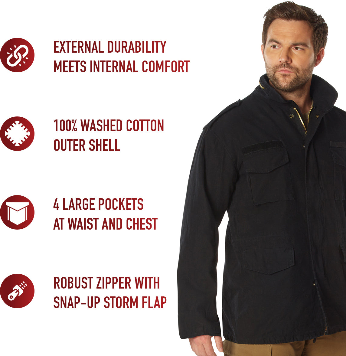 Black - M-65 Field Jacket, Heavyweight Washed Cotton Twill - Fatigue Coat