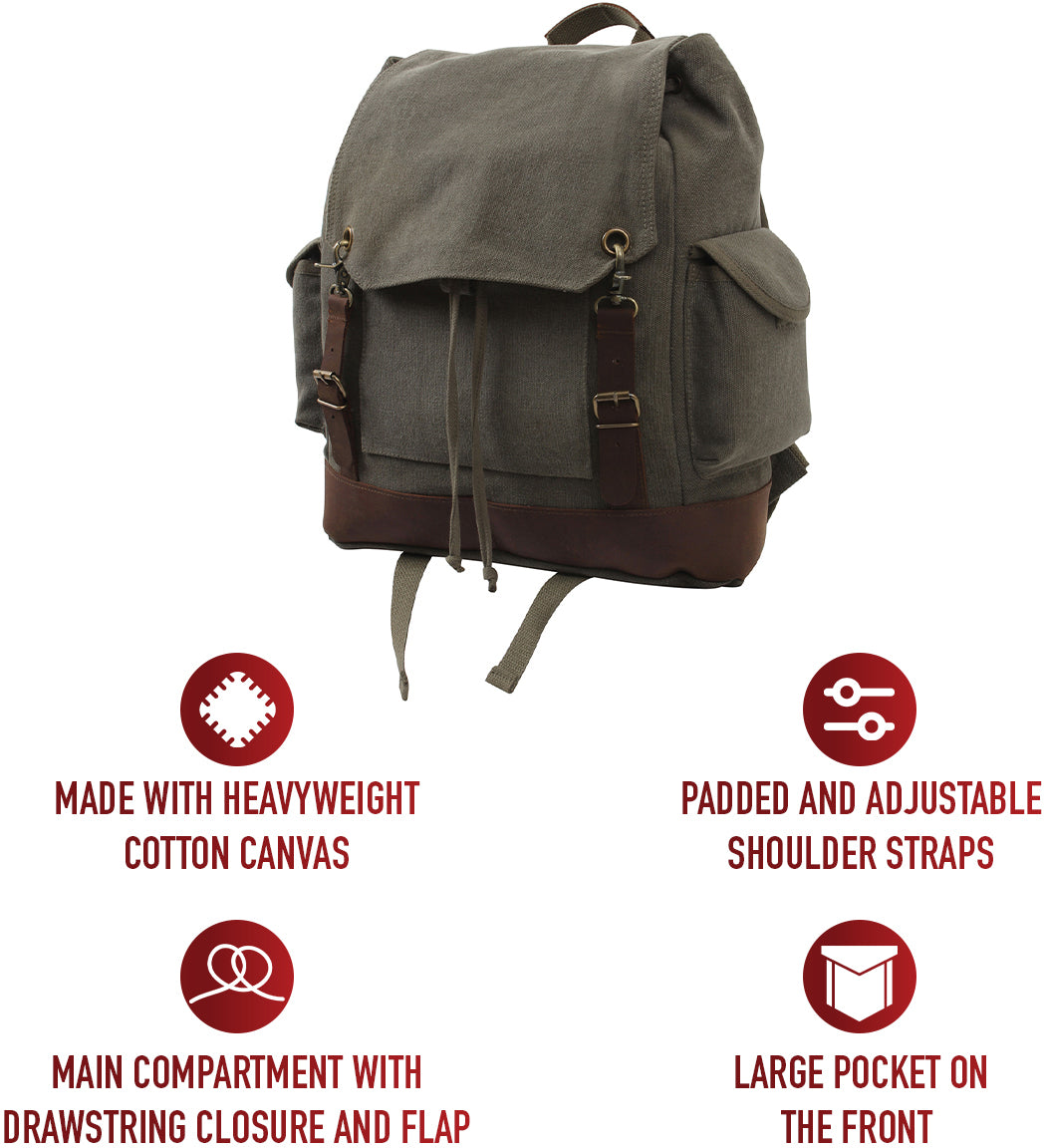 Olive Drab - Vintage Military Leather Trim Expedition Rucksack
