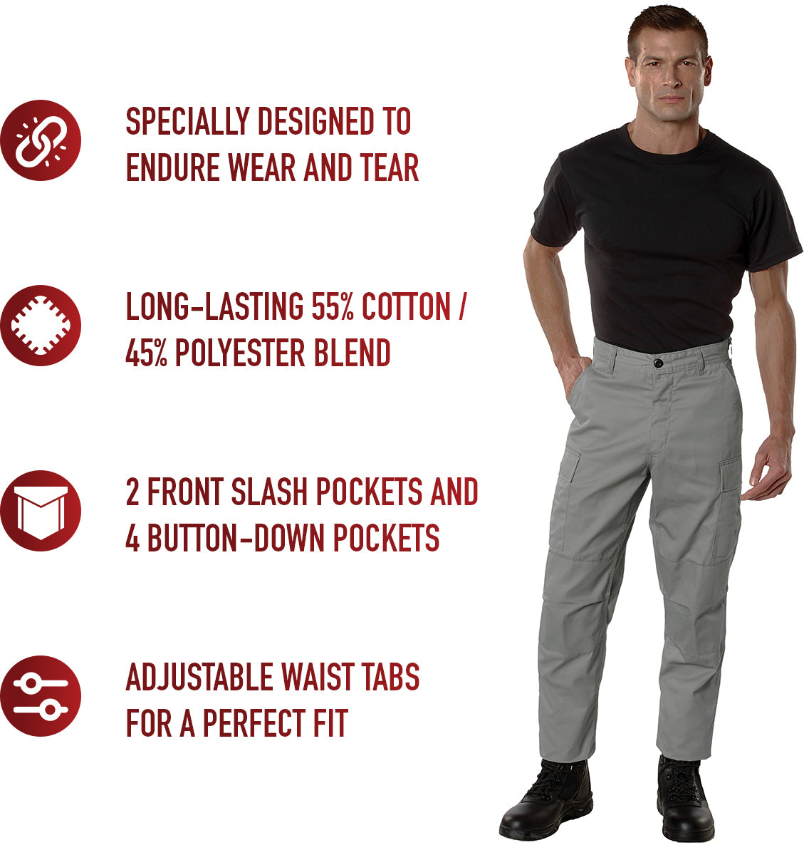 Grey - Tactical BDU Pants Cargo Fatigues - Poly/Cotton Twill - Button Fly