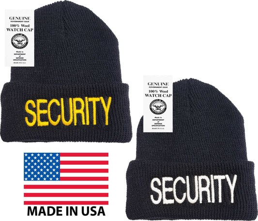 SECURITY WOOL Watch Cap Beanie, Security Officer Guard LARGE Embroidery | Warm Uniform Duty Cold Weather Hat - USA Made