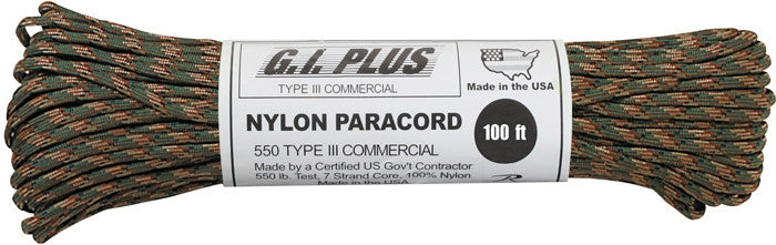 Woodland Camouflage - Military Grade 550 LB Tested Type III Paracord Rope 100'