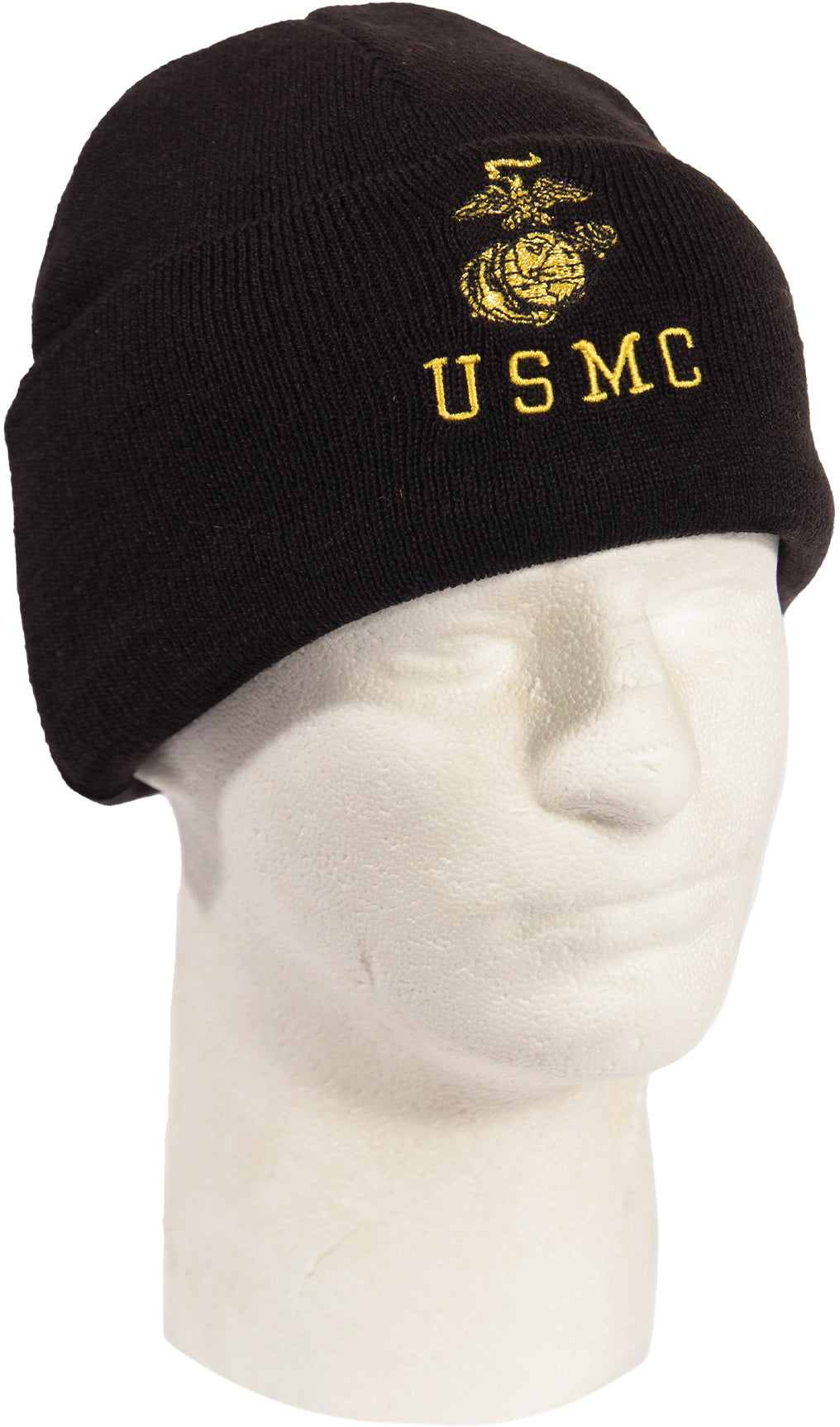 Black - Embroidered USMC Watch Cap with Gold Eagle, Globe, & Anchor Insignia - Acrylic Beanie