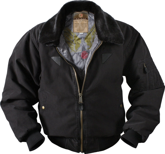 Black - B-15A Army Bomber Jacket, Air Command Print Warm Insulated Coat
