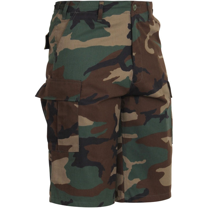 Woodland Camouflage - Tactical Cargo Extra Long BDU Shorts - Polyester Cotton Twill - Zipper Fly