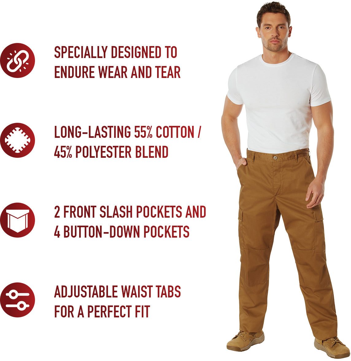 Work Brown - Tactical BDU Pants Cargo Fatigues - Poly/Cotton Twill - Button Fly
