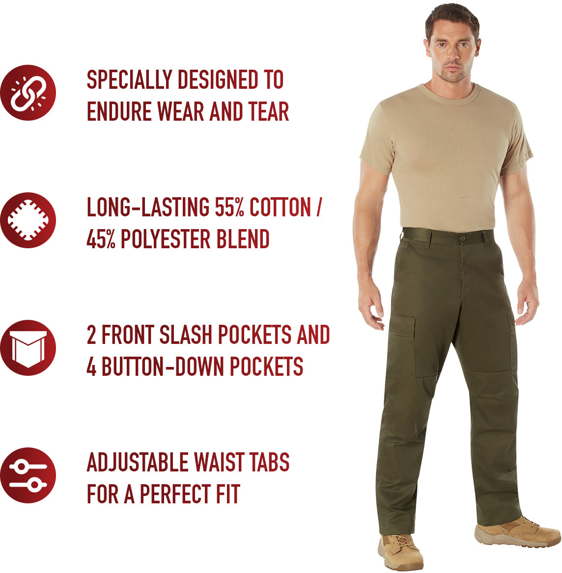 Ranger Green - Tactical BDU Pants Cargo Fatigues - Poly/Cotton Twill - Button Fly