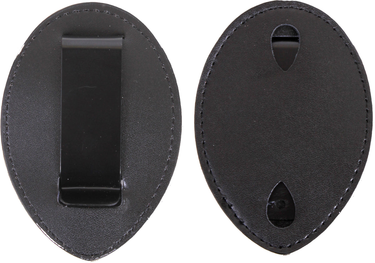 Black - Uniform Leather Clip-On Badge Holder - West Coast Style with Steel Clip