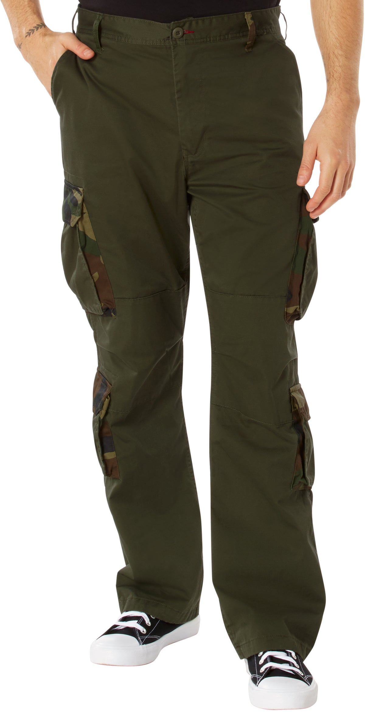 Olive Drab - Military Vintage Fatigue Pants with Woodland Camouflage Army Rigid Accent