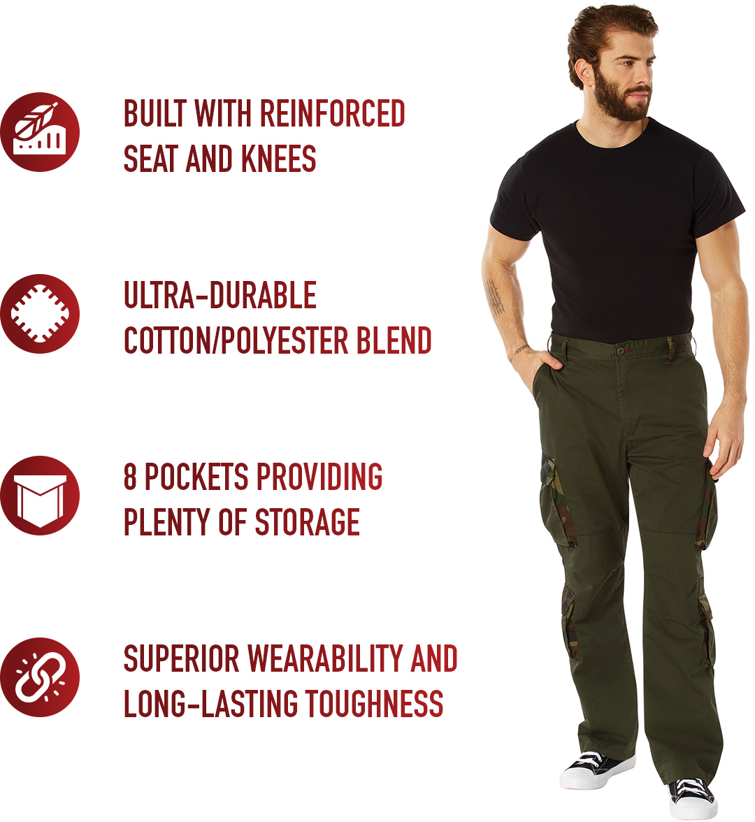 Olive Drab - Military Vintage Fatigue Pants with Woodland Camouflage Army Rigid Accent