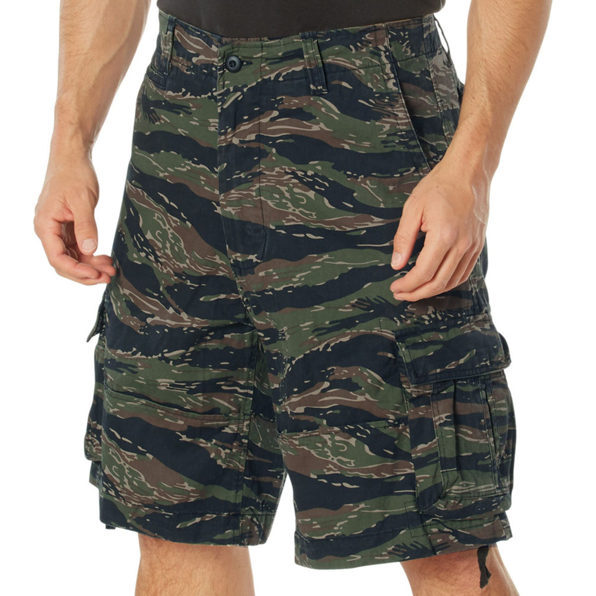 Tiger Stripe Camouflage - Vintage Infantry Utility Army BDU Cargo Shorts - Heavyweight Cotton - Zipper Fly