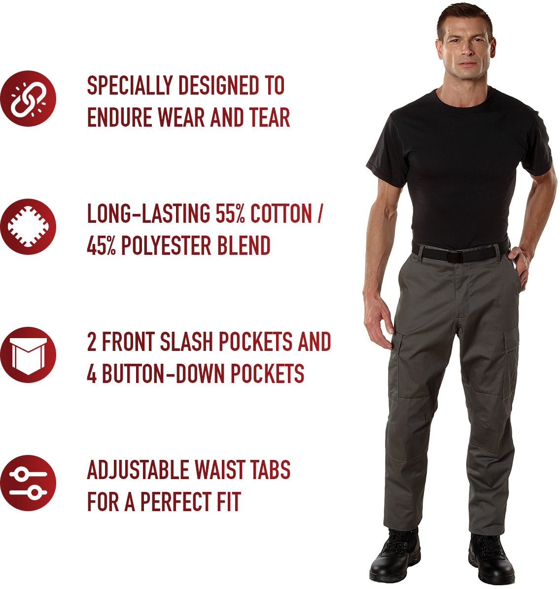 Charcoal Grey - Tactical BDU Pants Cargo Fatigues - Poly/Cotton Twill - Button Fly