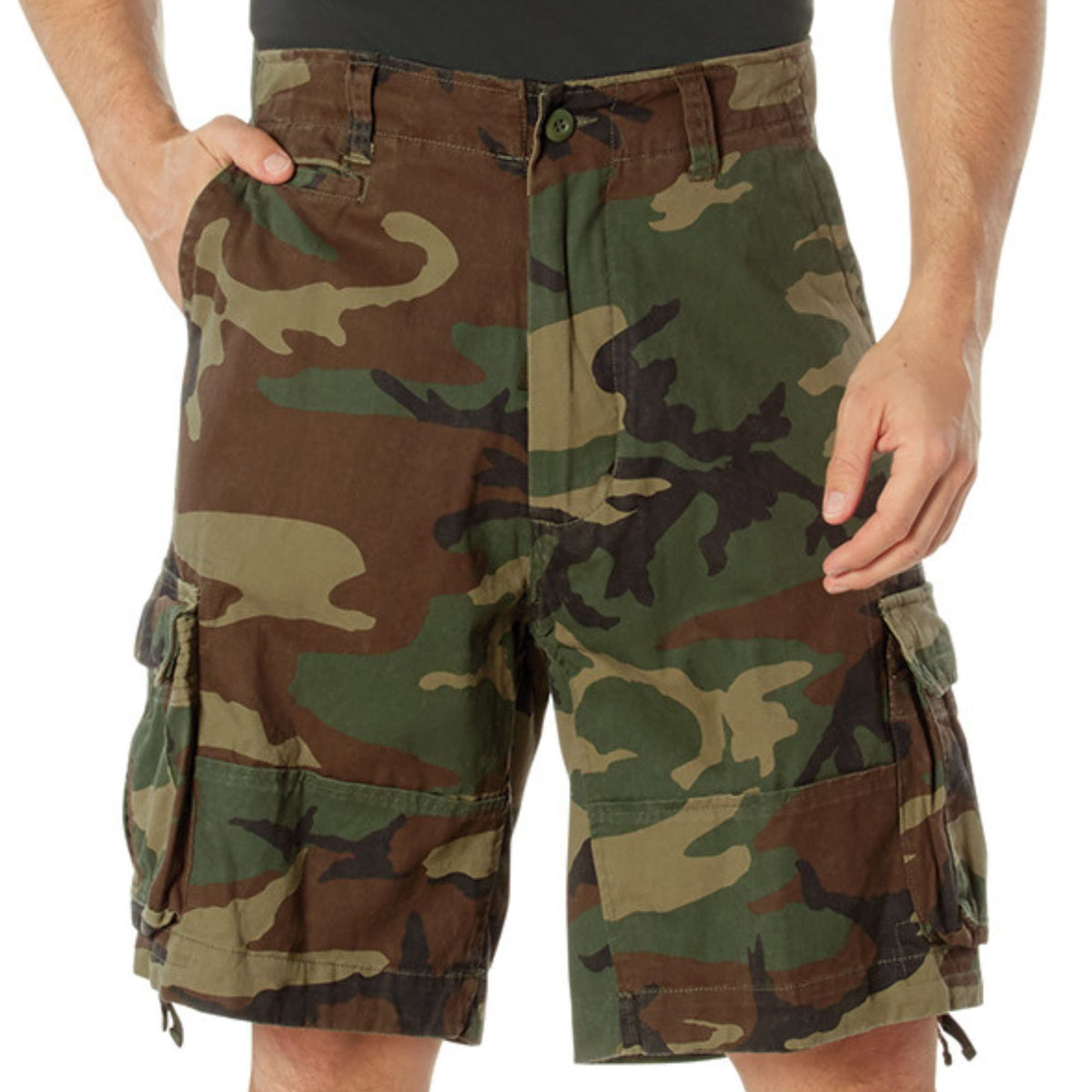 Woodland Camouflage - Vintage Infantry Utility Army BDU Cargo Shorts - Heavyweight Cotton - Zipper Fly