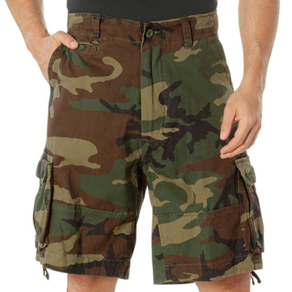 Woodland Camouflage - Vintage Infantry Utility Army BDU Cargo Shorts - Heavyweight Cotton - Zipper Fly