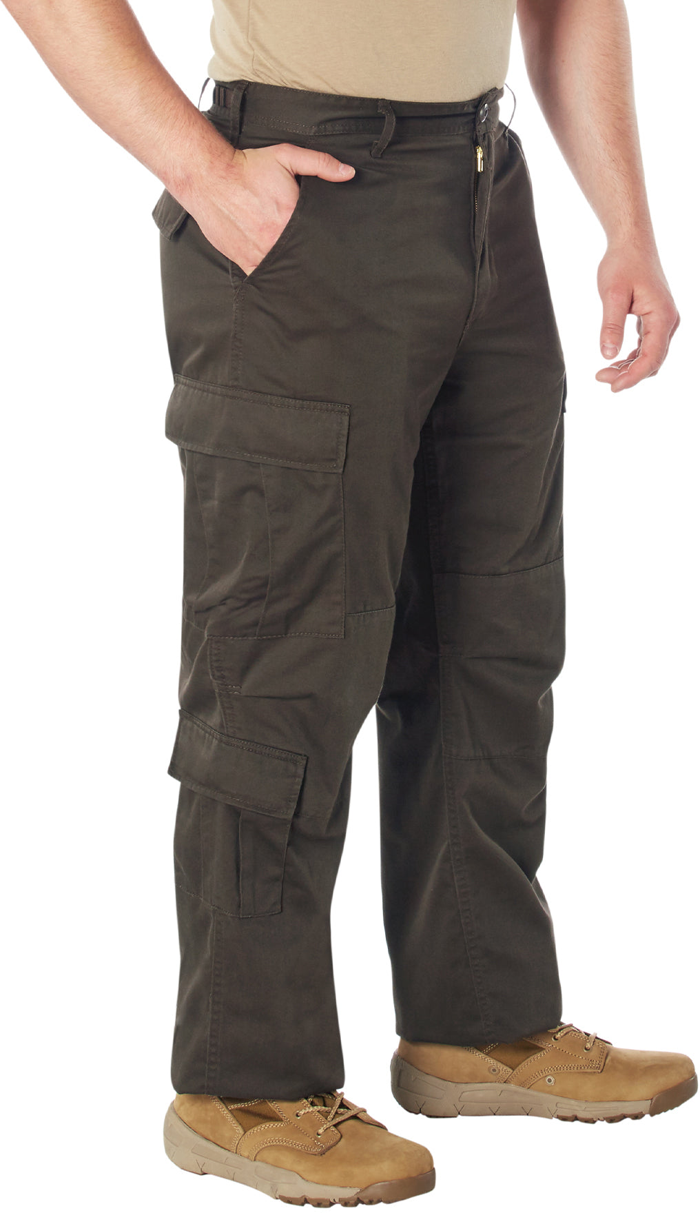 Brown - Tactical Paratrooper Pants BDU Cargo Fatigues - Heavyweight Poly/Cotton - Zipper Fly - Relaxed Fit