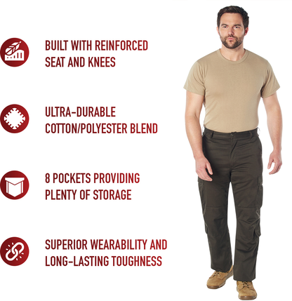 Brown - Tactical Paratrooper Pants BDU Cargo Fatigues - Heavyweight Poly/Cotton - Zipper Fly - Relaxed Fit