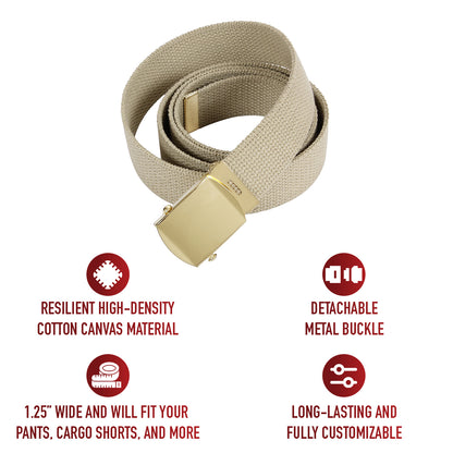 Khaki - Military Web Belt with Gold Brass Buckle