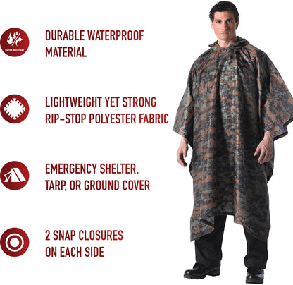 Digital Woodland Camouflage - GI Enhanced Military Style Poncho - Polyester Ripstop