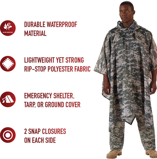ACU Digital Camouflage - GI Enhanced Military Style Poncho - Polyester Ripstop