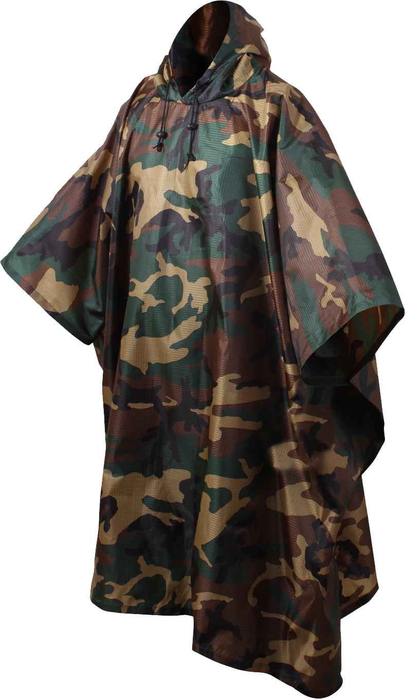 Woodland Camouflage - GI Enhanced Military Style Poncho - Polyester Ripstop