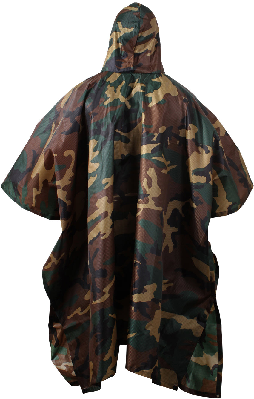 Woodland Camouflage - GI Enhanced Military Style Poncho - Polyester Ripstop