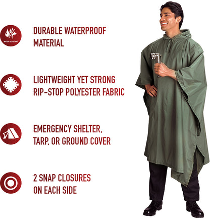 Olive Drab - GI Enhanced Military Style Poncho - Polyester Ripstop