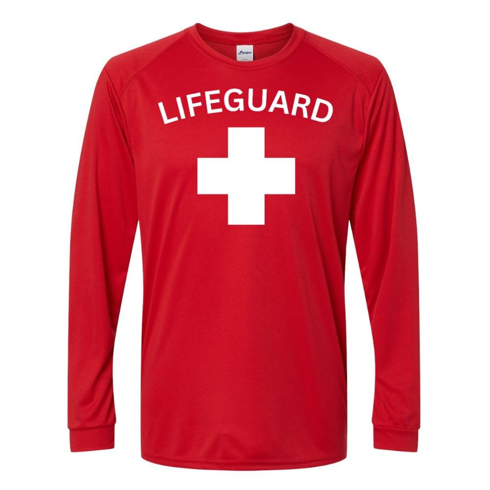 Red Lifeguard White Cross Long Sleeve T-Shirt 100% Polyester UPF Protection Unisex Crewneck Performance Shirt