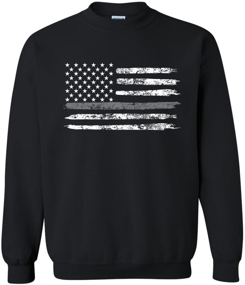 Army Universe USA Flag Distressed American US Thin Line Crewneck Sweatshirt Patriotic Pullover, Black