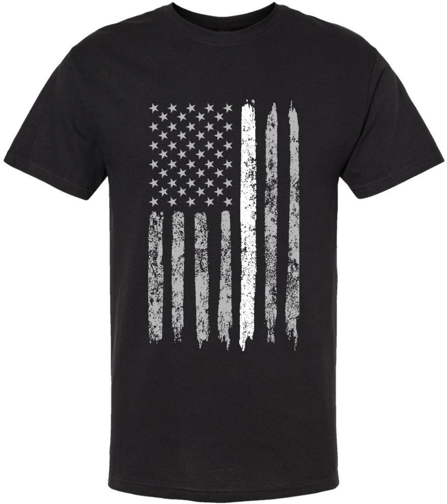 Black USA Flag Thin Line Short Sleeve T-Shirt Patriotic American Support First Responders Tee
