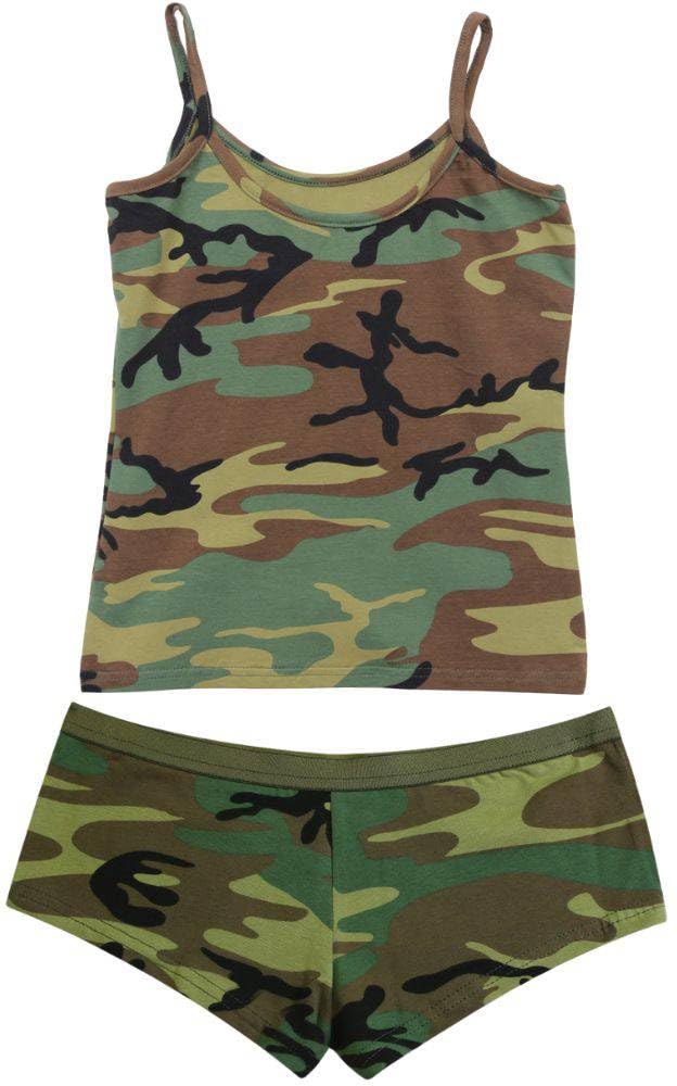 Wooldand Camo Booty Shorts & Tank Top Set Athletic Sexy Lounge Casual Wear Top & Bottom, Women's