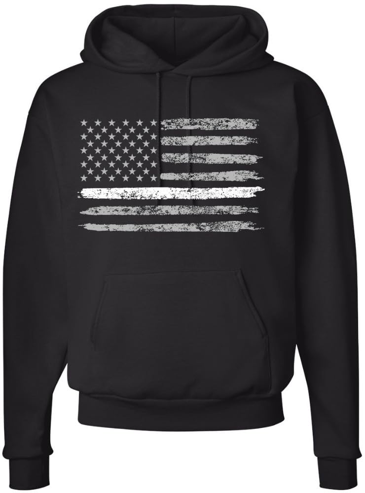 Army Universe Thin Line USA Flag Distressed American US Hooded Sweatshirt Patriotic Pullover Hoodie, Black