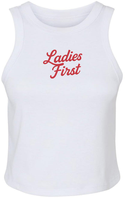 Ladies First Embroidered Micro-Rib Racer Tank Top | Casual Heavyweight Sleeveless Cool Sexy Shirt, White