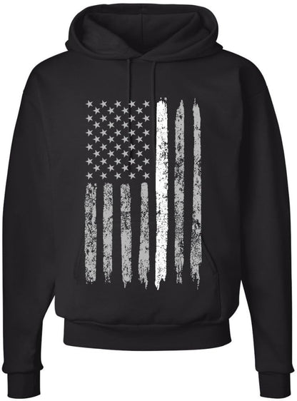 Army Universe Thin Line USA Flag Distressed American US Hooded Sweatshirt Patriotic Pullover Hoodie, Black
