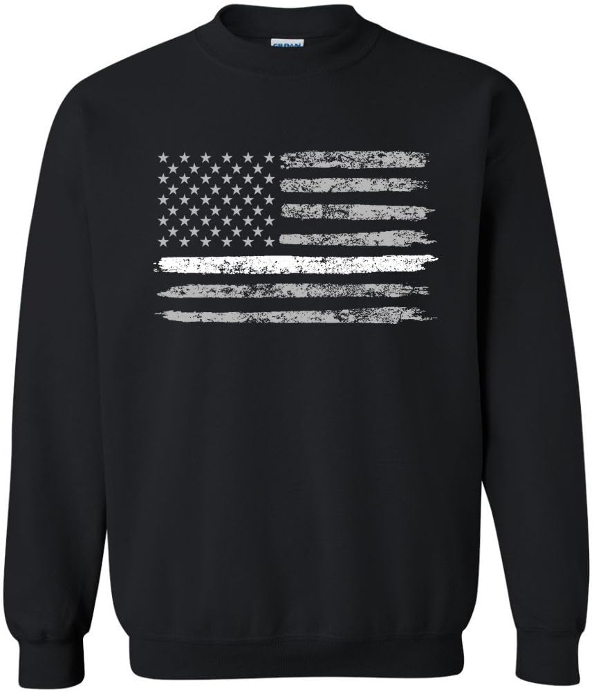Army Universe USA Flag Distressed American US Thin Line Crewneck Sweatshirt Patriotic Pullover, Black