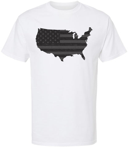 American Flag Distressed USA Map Printed T-Shirt | US Outline Graphic Tee | 100% Cotton Crewneck