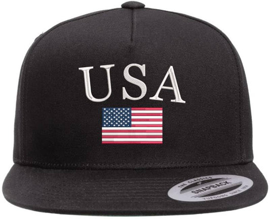 USA American Flag Embroidered Flat Bill Snapback Adjustable Hat | United States Patriotic Classic July 4th Cap